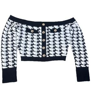 Womens Off Shoulder Cropped Knit Sweater‎ Black White 2XL Statement Graphic Top